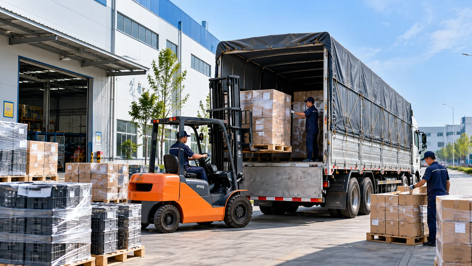 Xe tải và xe nâng xử lý pallet hàng công ty KCN trên tuyến Bắc Ninh Hà Tĩnh