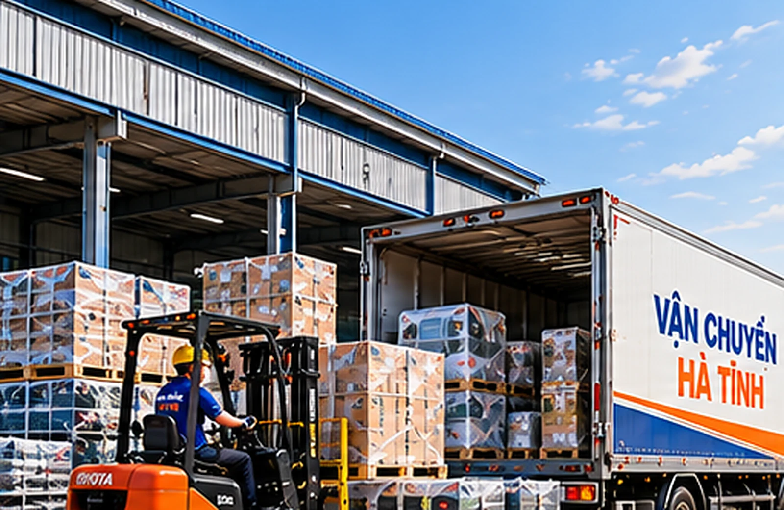 Xe tải và xe nâng xử lý pallet hàng công ty KCN trên tuyến Đà Nẵng Hà Tĩnh