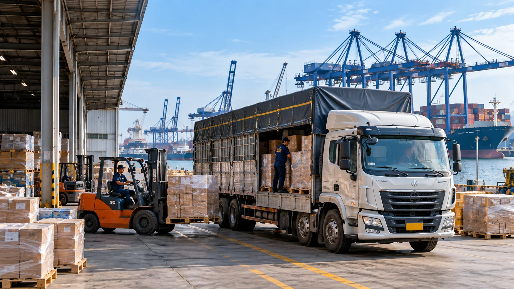 Xe tải và xe nâng xử lý pallet hàng công ty, hàng cảng trên tuyến Hải Phòng Hà Tĩnh