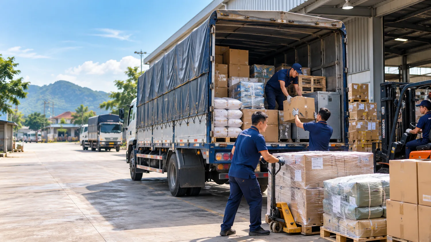 Xe tải nhận kiện hàng và pallet trên tuyến vận chuyển Nghệ An Hà Tĩnh
