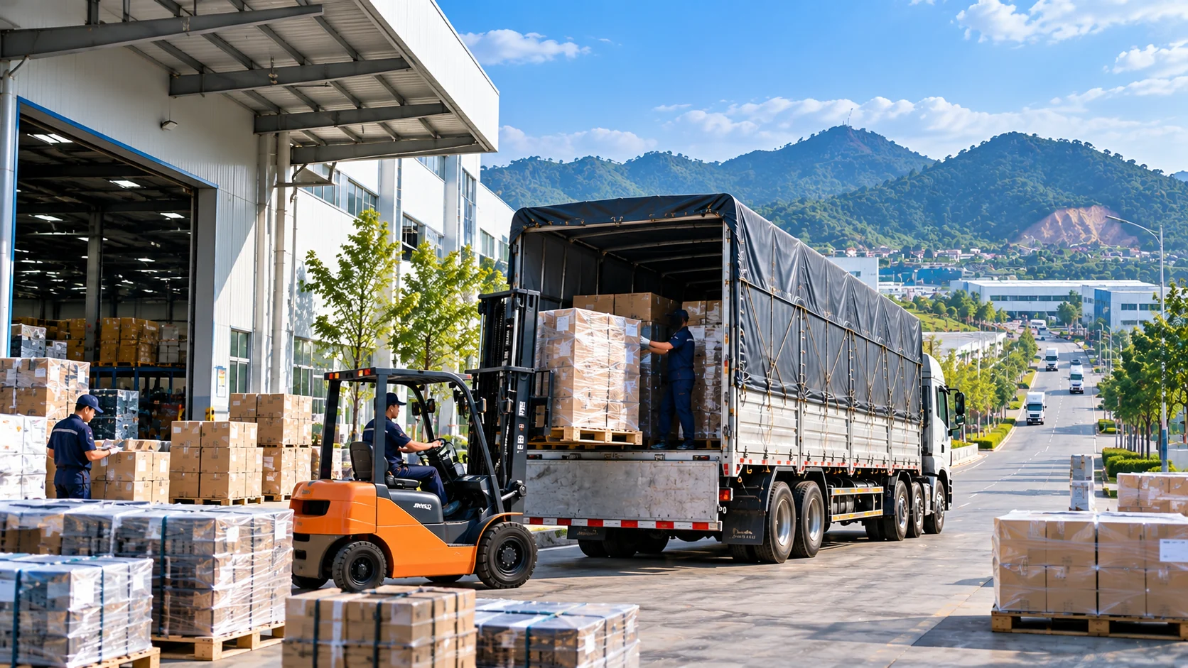 Xe tải và xe nâng xử lý pallet hàng công ty KCN trên tuyến Phú Thọ Hà Tĩnh