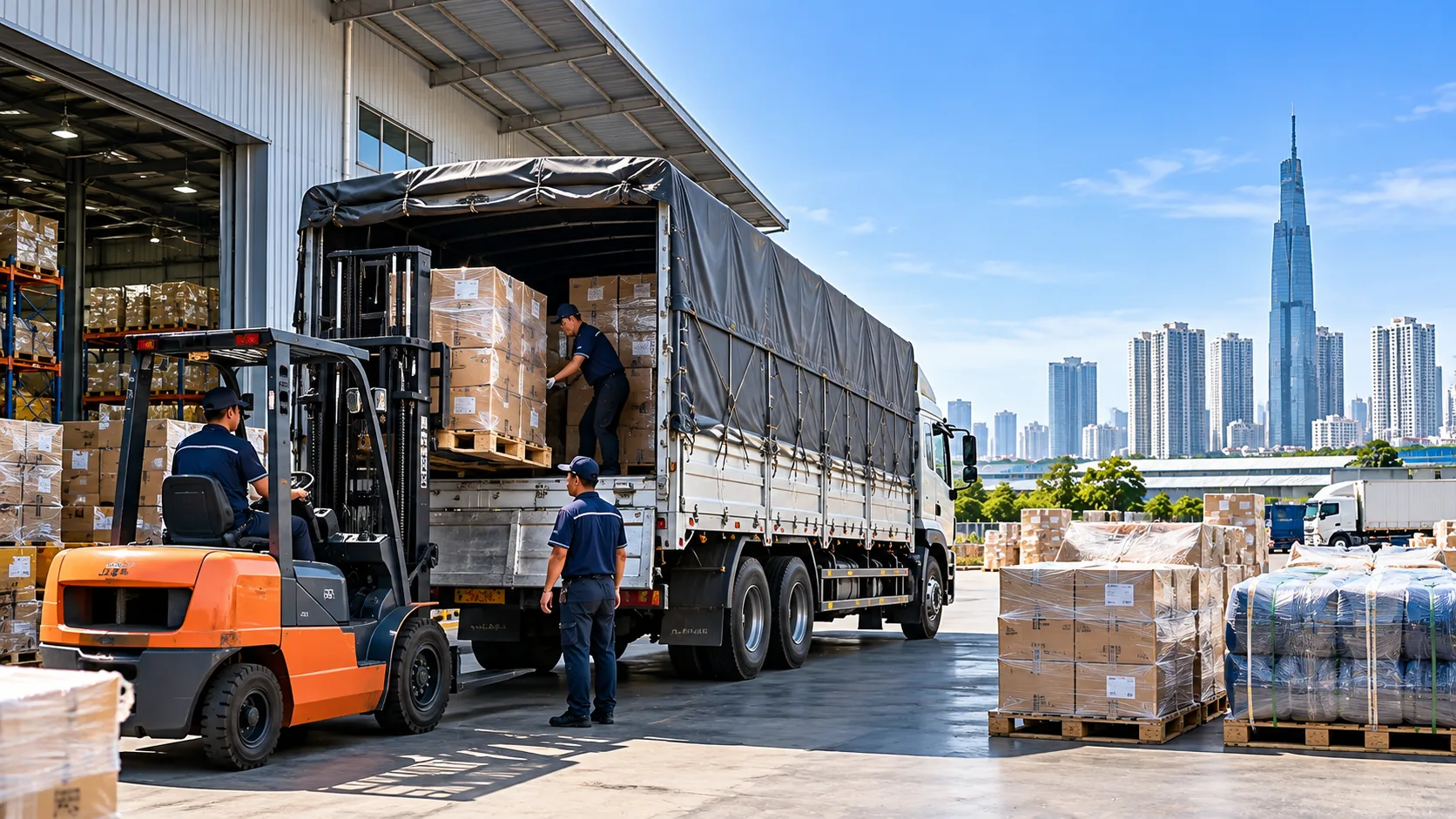 Xe tải và xe nâng xếp pallet hàng công ty cho tuyến TP Hồ Chí Minh Hà Tĩnh