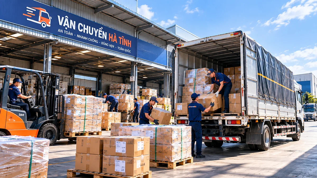 Nhân viên xếp kiện hàng lên xe tải khi vận chuyển hàng phân phối đại lý Hà Tĩnh từ Hà Nội