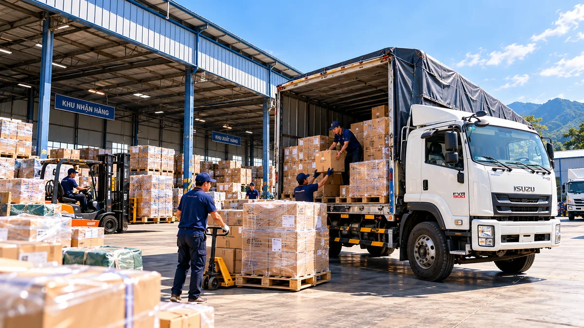 Pallet hàng được đo kích thước trước khi ghép xe