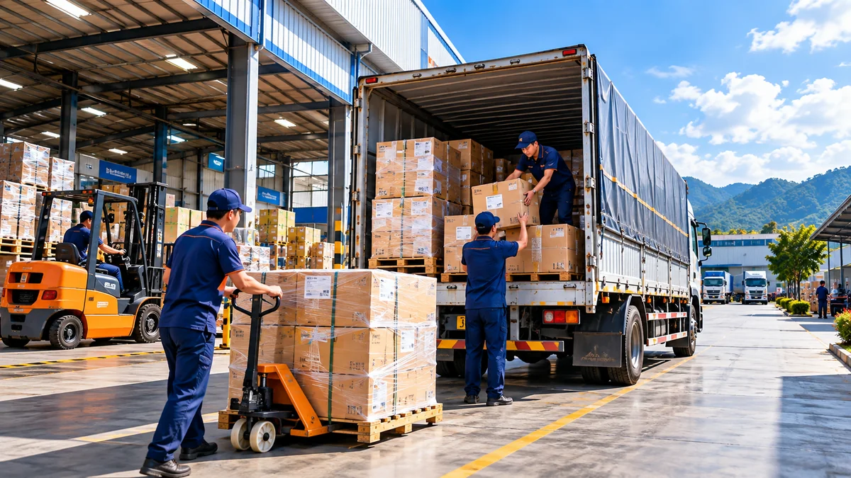 Hàng carton xếp trên pallet chờ lên xe tải