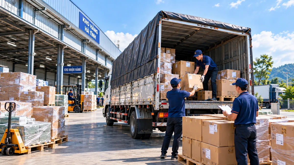 Nhân viên kiểm tra kiện hàng trước khi bố trí xe vận chuyển liên tỉnh