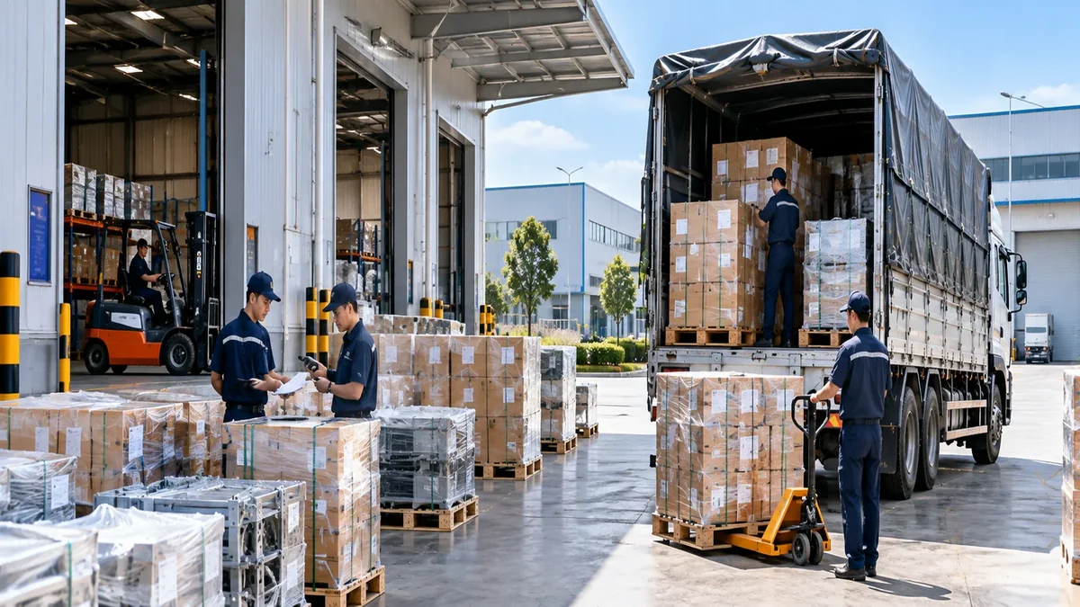 Nhân viên giao nhận hàng pallet bên cạnh xe tải tại khu công nghiệp