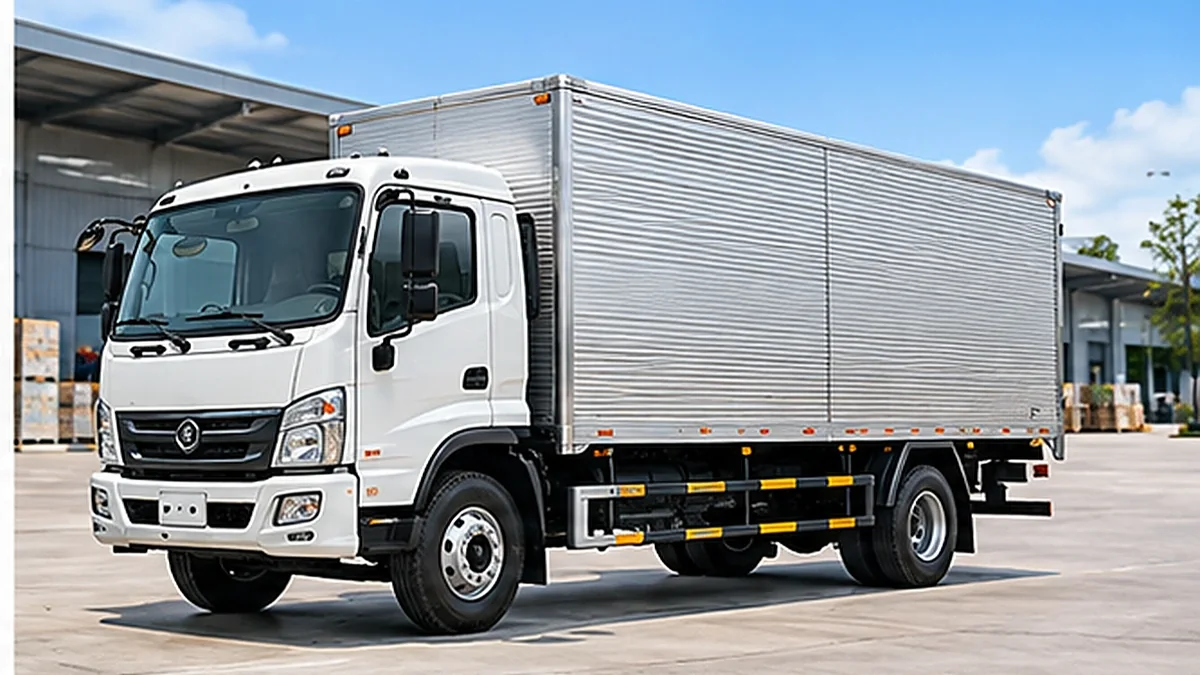 Xe tải 5 tấn thùng kín màu bạc đỗ trước khu kho, minh họa nhóm tải trọng cho chuyến đường dài