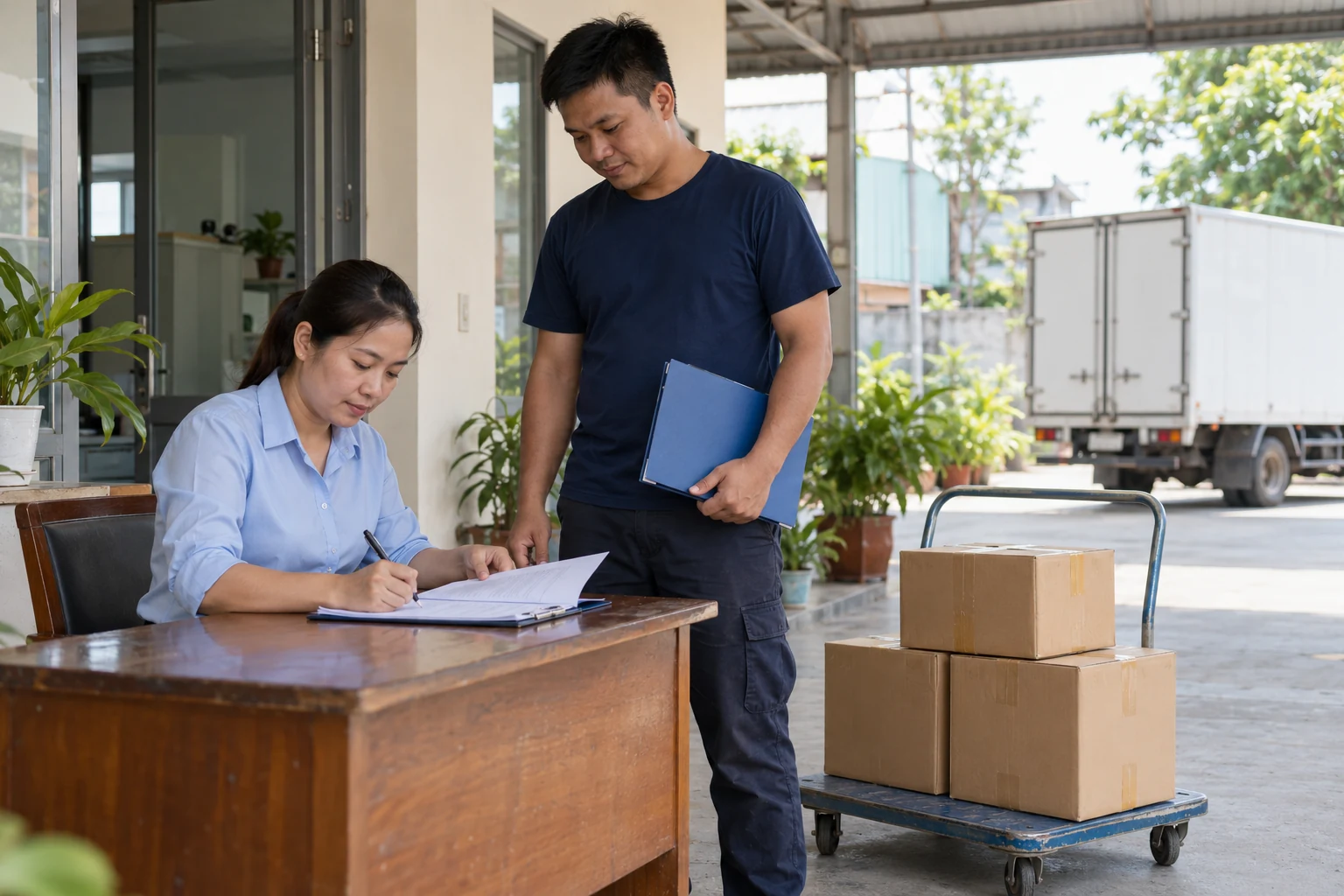 Nhân viên hai bên đối chiếu phiếu giao hàng khi bàn giao hàng doanh nghiệp