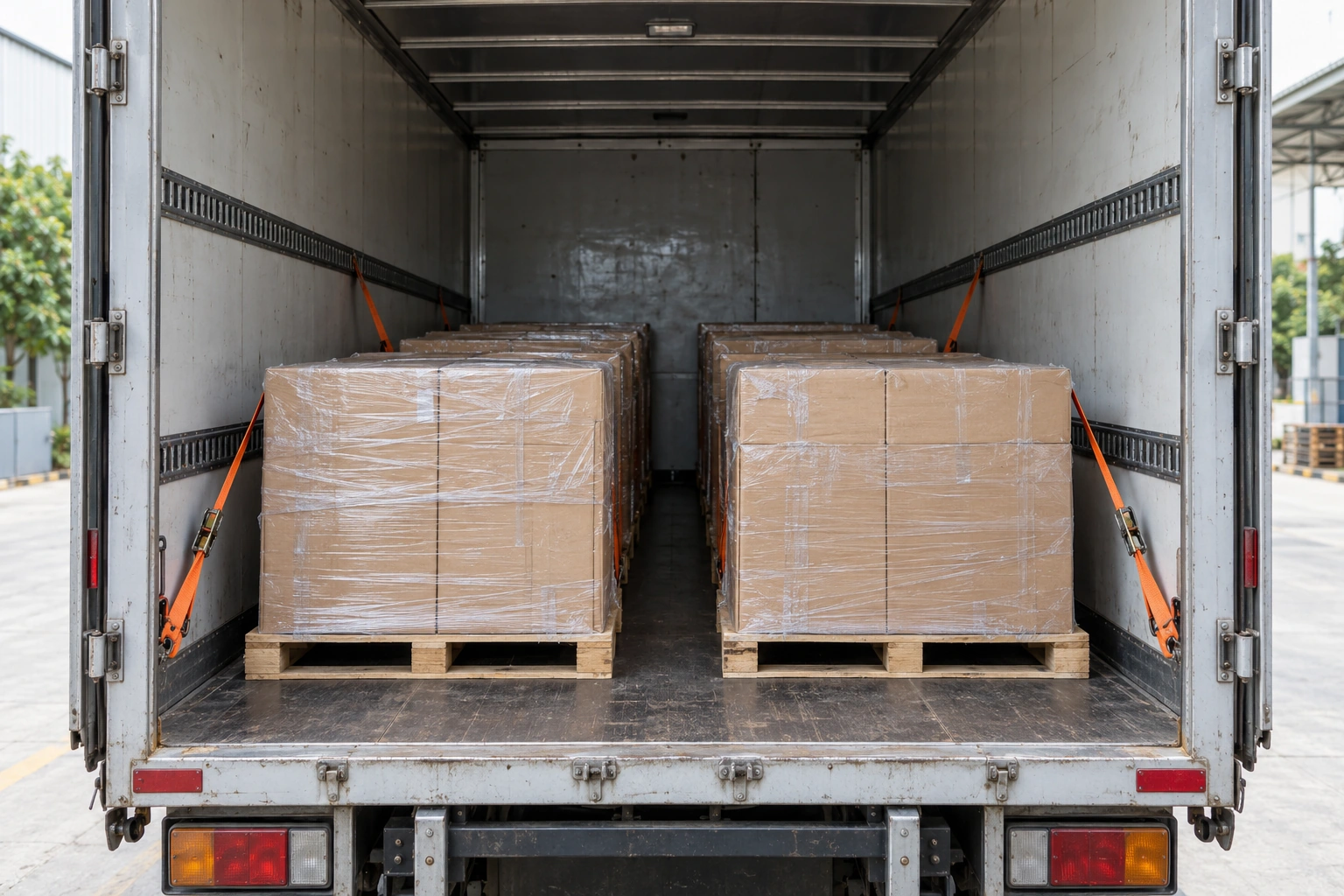 Hai pallet hàng carton được chằng đai gọn trong thùng xe tải thùng kín