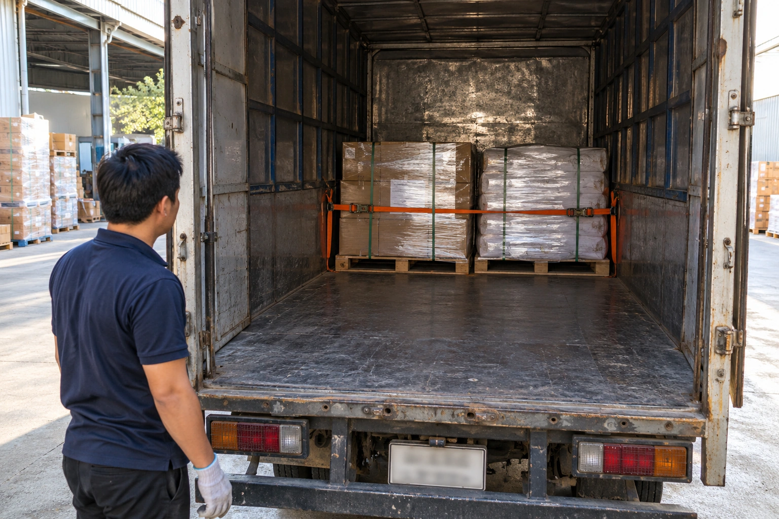 Nhân viên kiểm tra pallet hàng đã xếp trong thùng xe tải, cần hỏi rõ chi phí bốc xếp xe nâng hàng pallet trước khi chạy