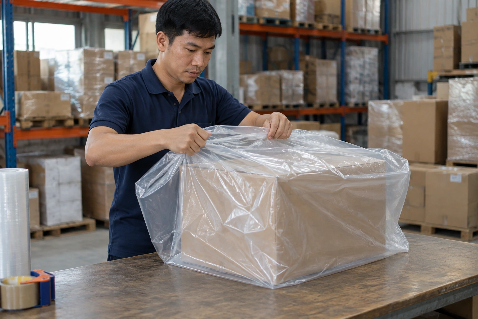 Nhân viên kho bọc màng bảo vệ quanh kiện hàng trước khi xếp lên xe
