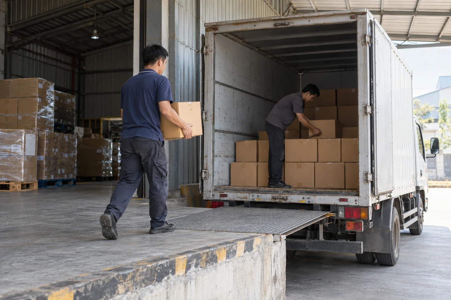 Nhân viên bốc các thùng carton lên xe tải để gửi hàng thương mại điện tử