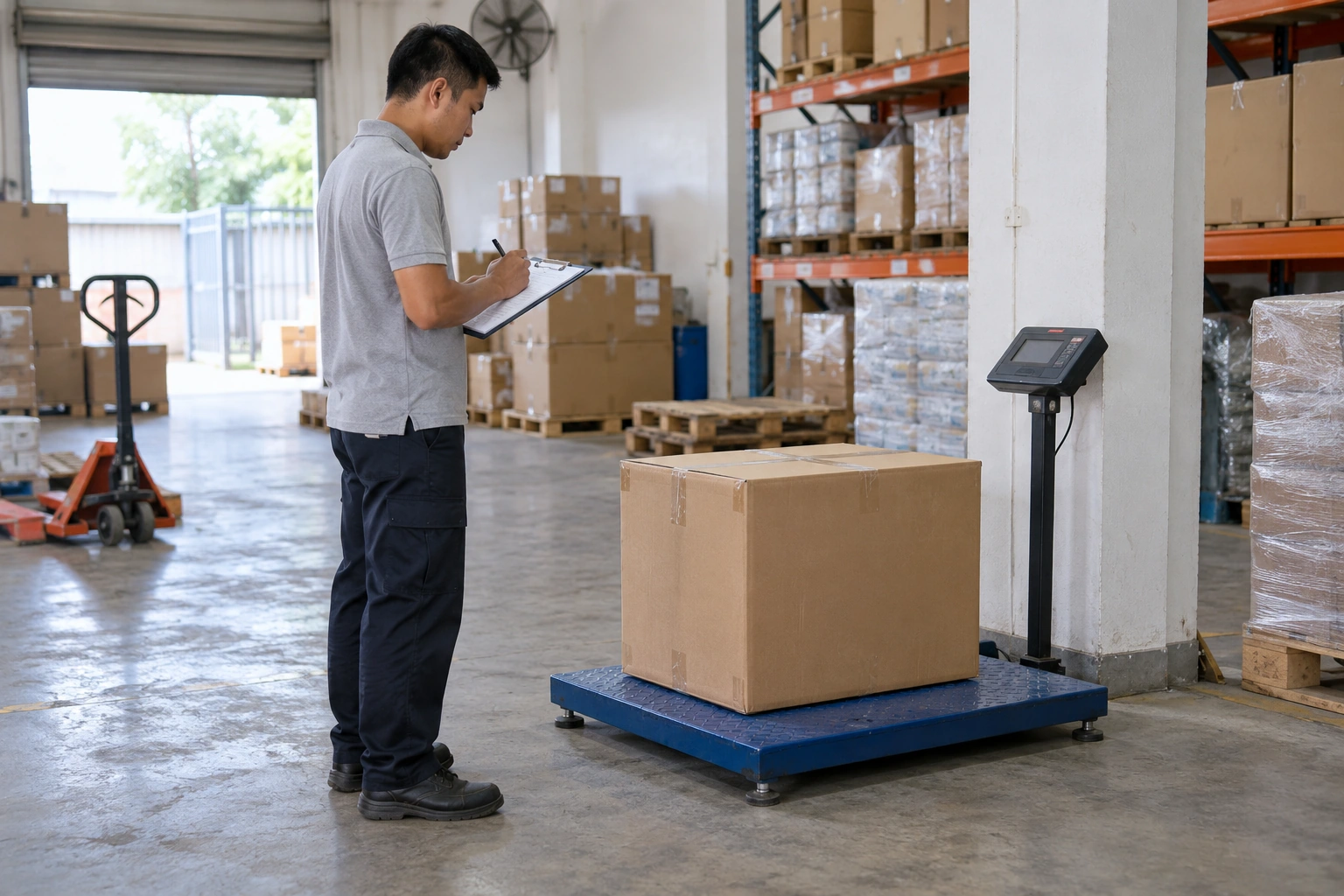 Nhân viên cân kiện hàng trên cân sàn trước khi xếp lên xe