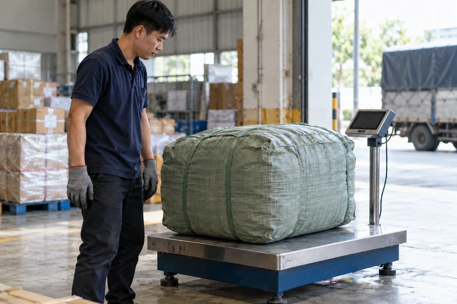 Nhân viên cân kiện hàng lớn trên cân sàn trước khi bốc lên xe