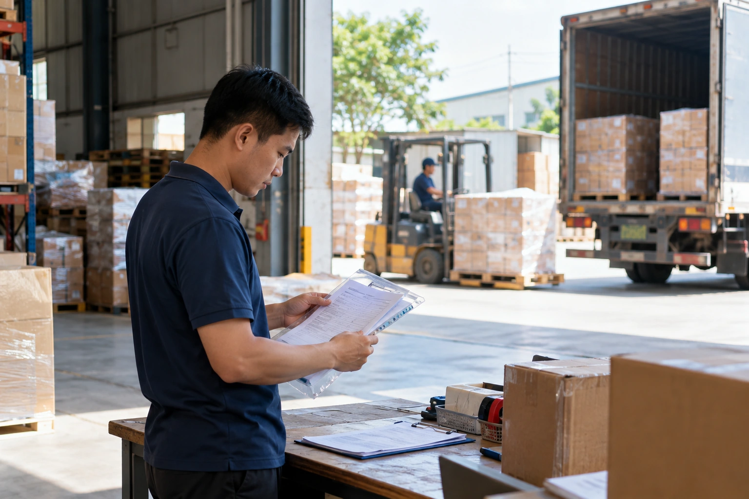 Nhân viên chuẩn bị hồ sơ và thông tin giao hàng trước khi chốt đơn vận chuyển
