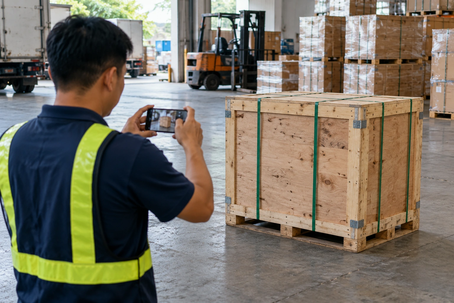 Nhân viên dùng điện thoại chụp ảnh hàng trước khi gửi, kiện hàng đóng thùng gỗ