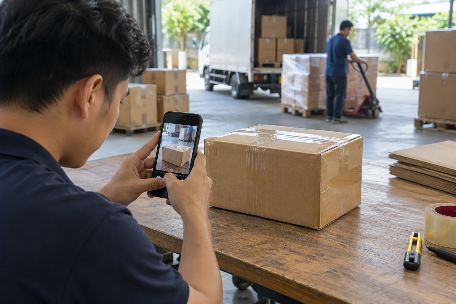 Chụp cận cảnh kiện carton có nhãn bằng điện thoại để ghi nhận tình trạng hàng