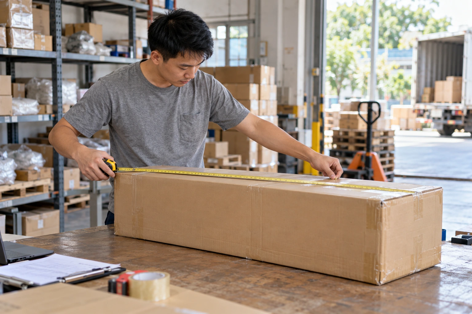 Nhân viên đo kích thước kiện hàng trước khi đóng gói, chuẩn bị vận chuyển máy móc đóng kiện