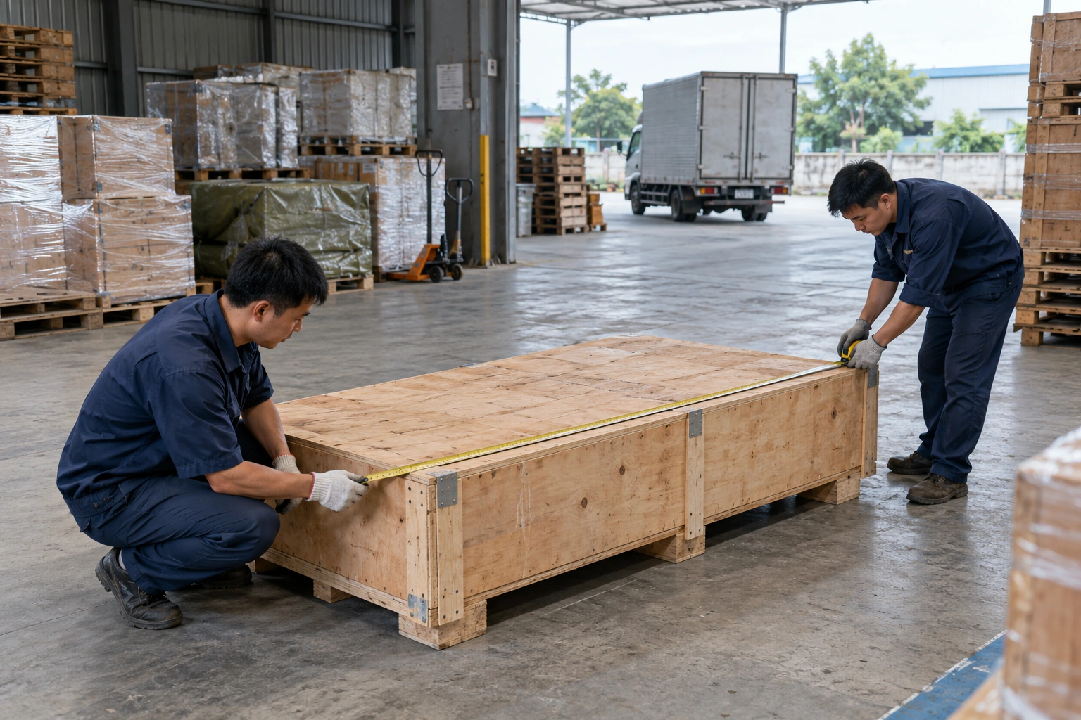 Nhân viên đo chiều dài kiện hàng đóng thùng gỗ trước khi chọn xe