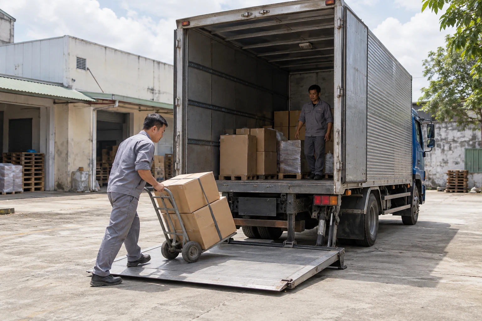 Nhân viên dỡ thùng hàng khỏi xe tải bằng xe đẩy