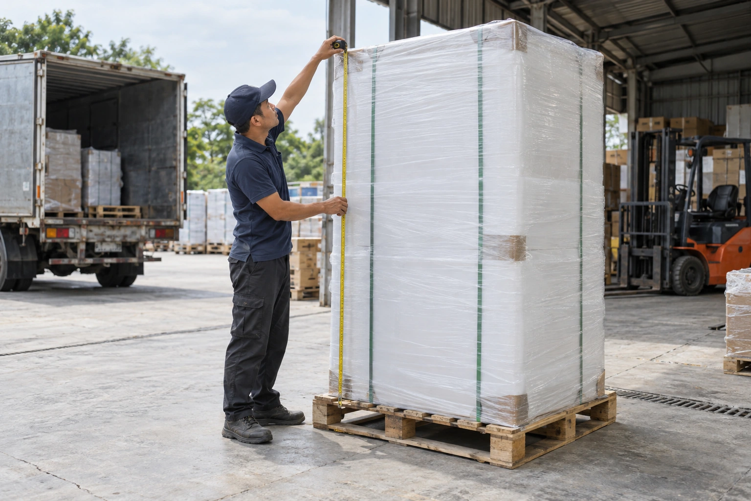 Nhân viên dùng thước đo chiều cao kiện hàng bọc màng co để tính thể tích
