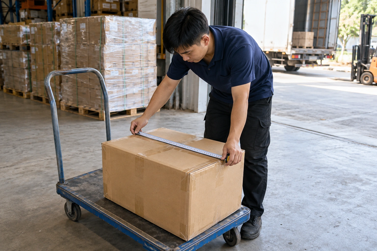 Nhân viên đo kích thước kiện hàng đặt trên xe đẩy