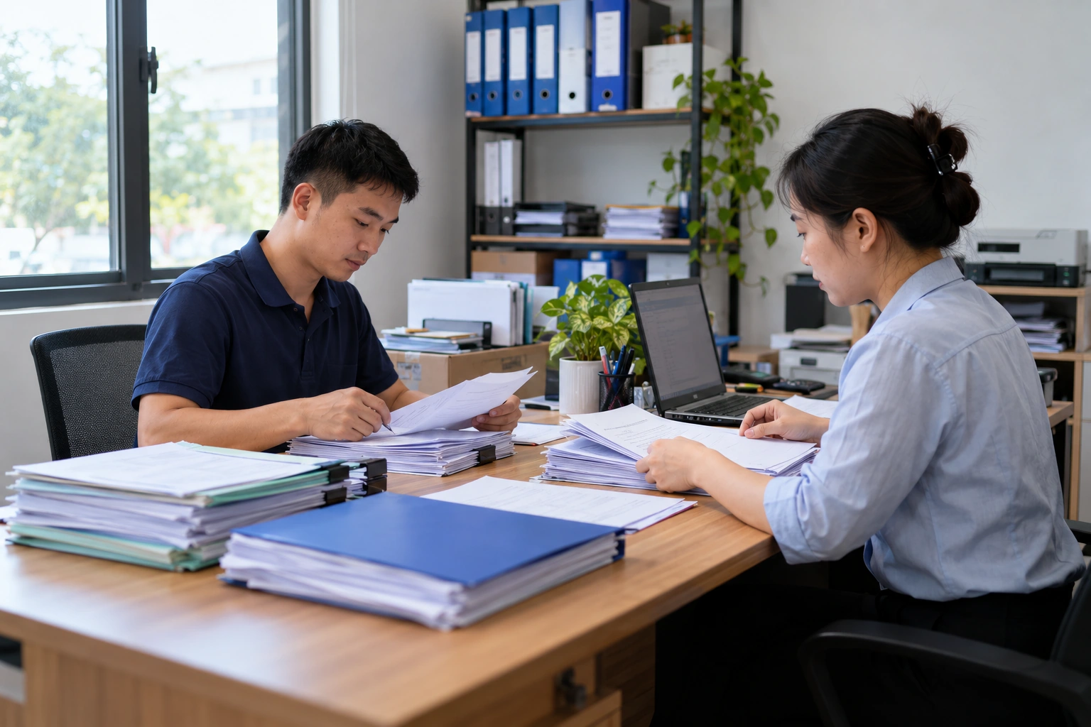 Hai nhân viên cùng đối chiếu giấy tờ và bảng báo giá tại bàn làm việc