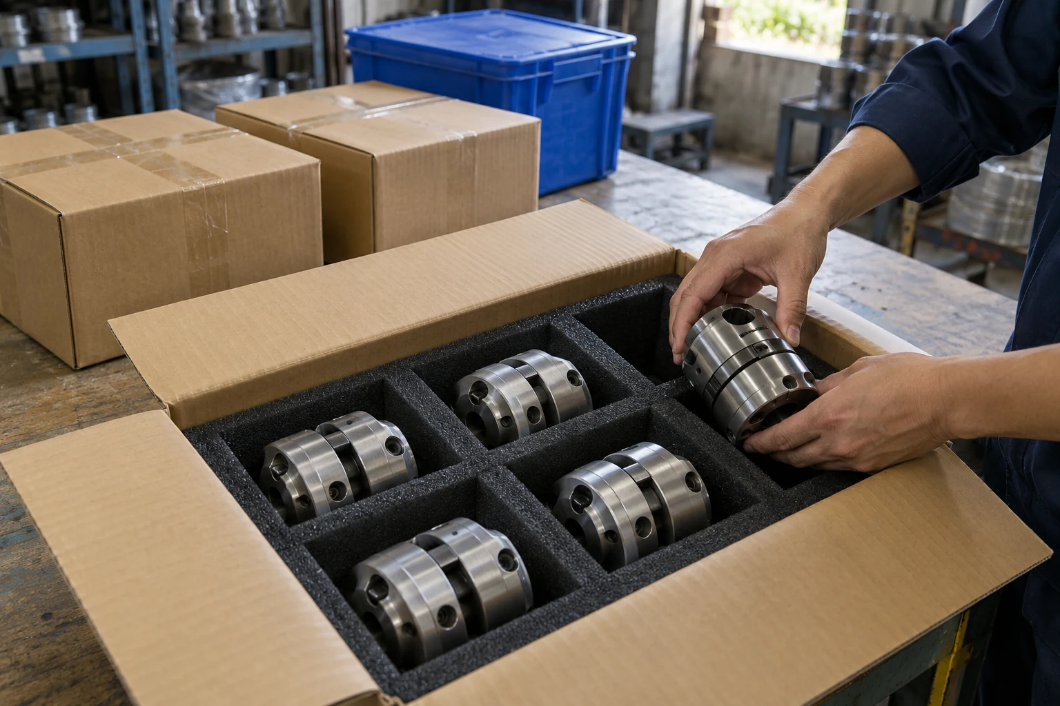 Linh kiện xếp trong thùng carton, minh họa giao hàng VinFast Vũng Áng từ Bắc Ninh