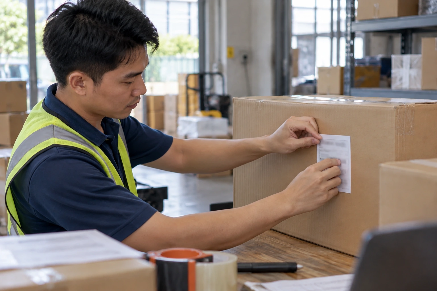Nhân viên dán nhãn lên thùng carton, minh họa cách ghi thông tin người nhận mã kiện