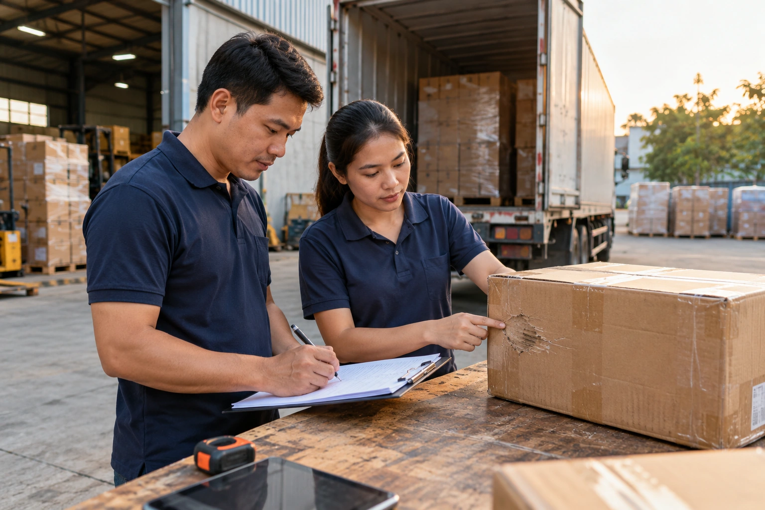 Hai nhân viên đối chiếu danh sách khi ghi thông tin người nhận mã kiện và tình trạng kiện hàng