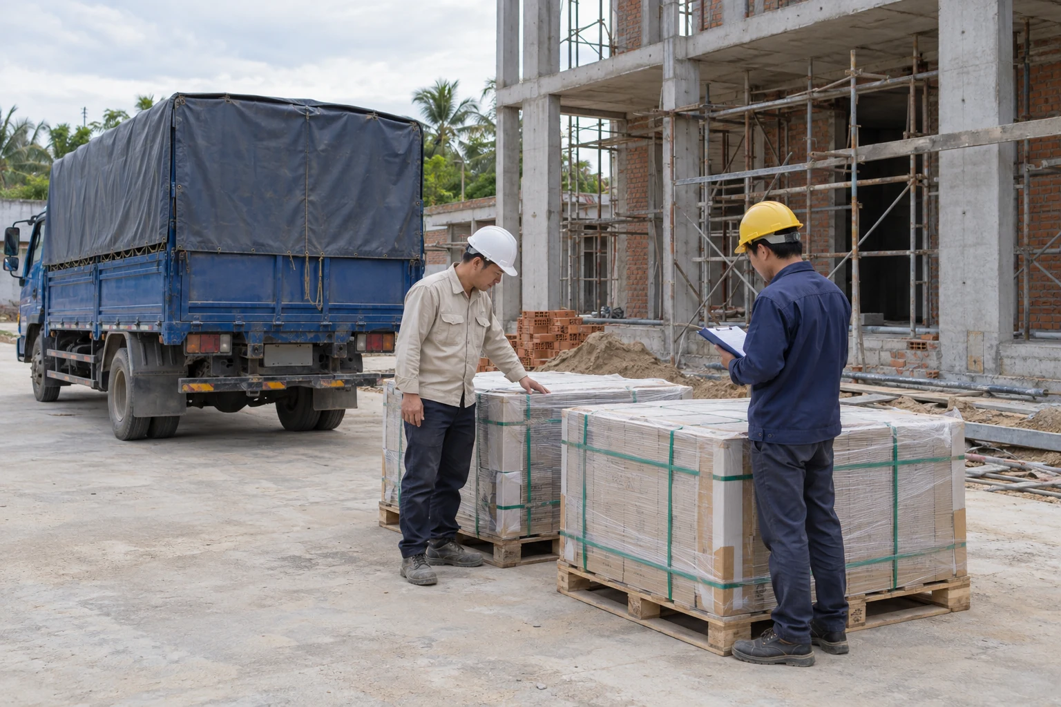 Kiểm tra lô hàng khi vận chuyển thiết bị công trình Hà Nội Hà Tĩnh tại công trình