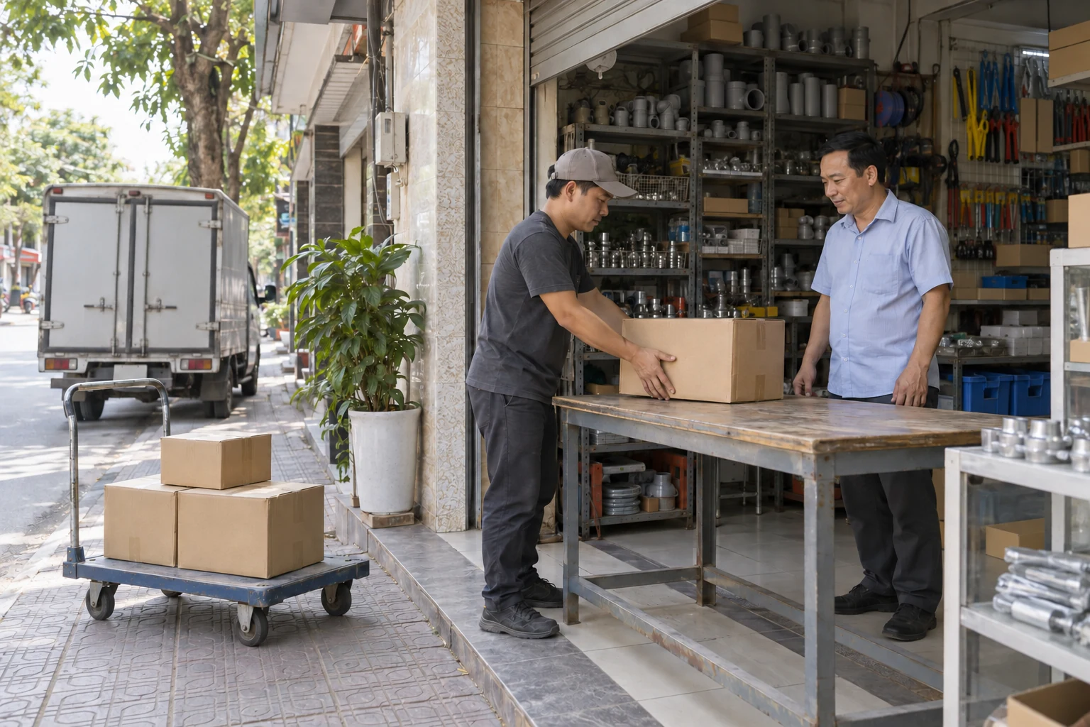 Hai nhân viên bàn giao thùng hàng tại cửa hàng, phía sau là xe tải thùng kín