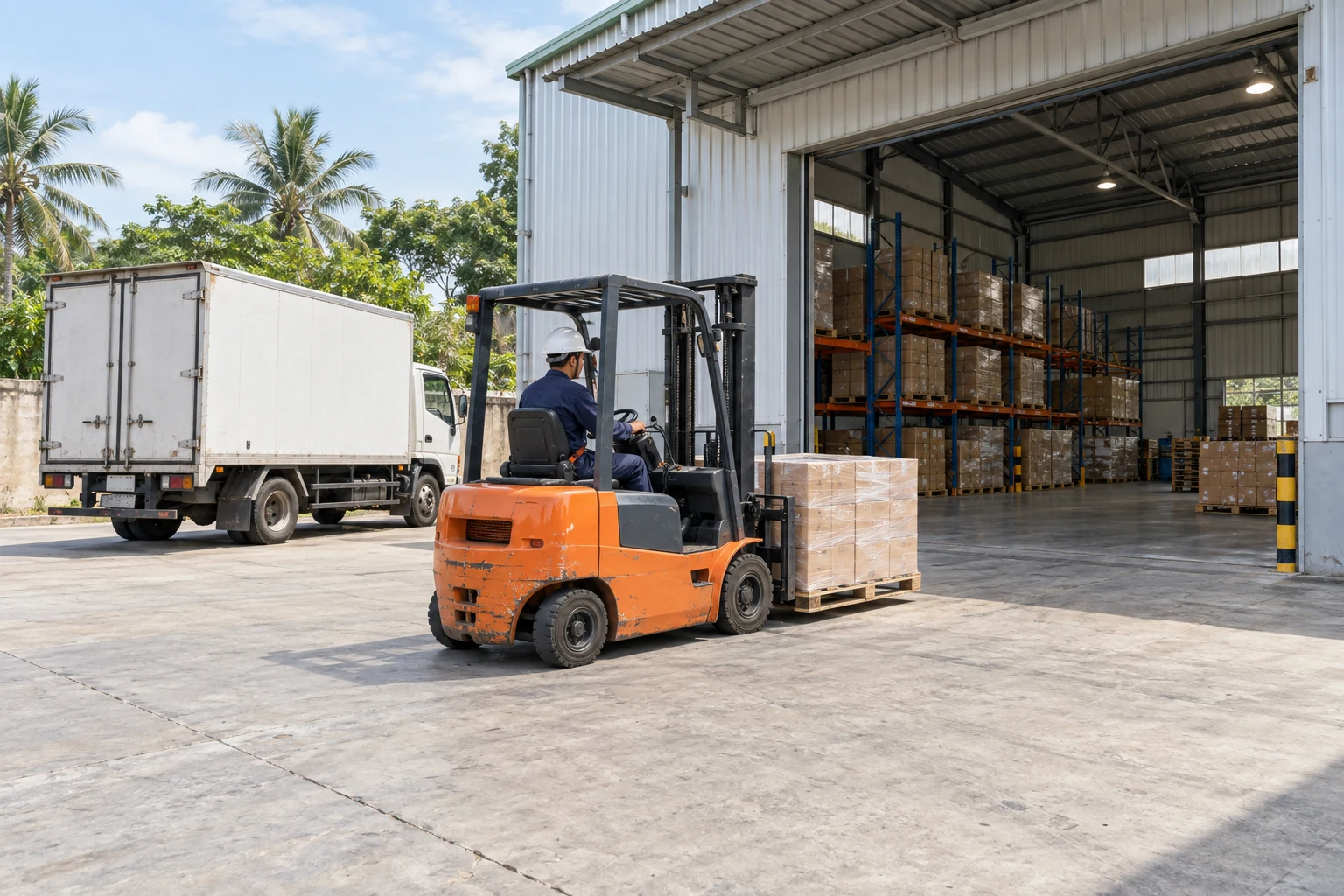 Xe nâng xếp pallet tại kho phân phối trước khi vận chuyển hàng phân phối đại lý Hà Tĩnh từ Hải Phòng
