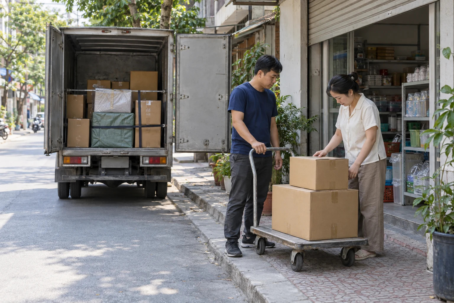 Nhân viên giao thùng hàng tại cửa một cửa hàng bán lẻ