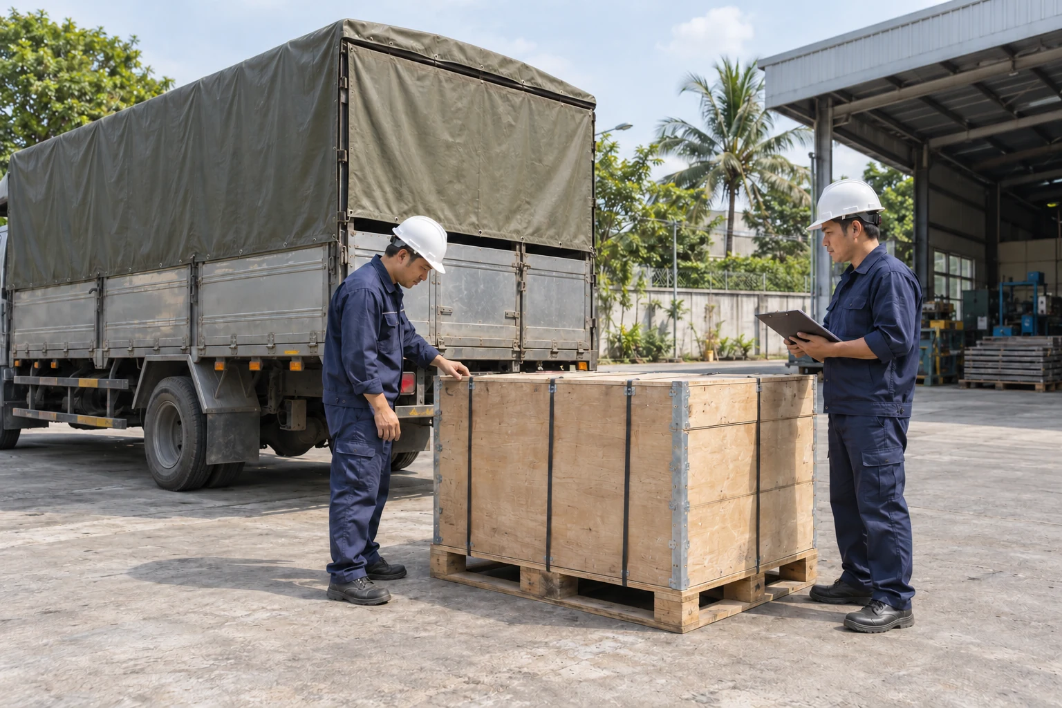 Nhân viên kiểm tra hàng đóng thùng trước xe tải tại điểm giao