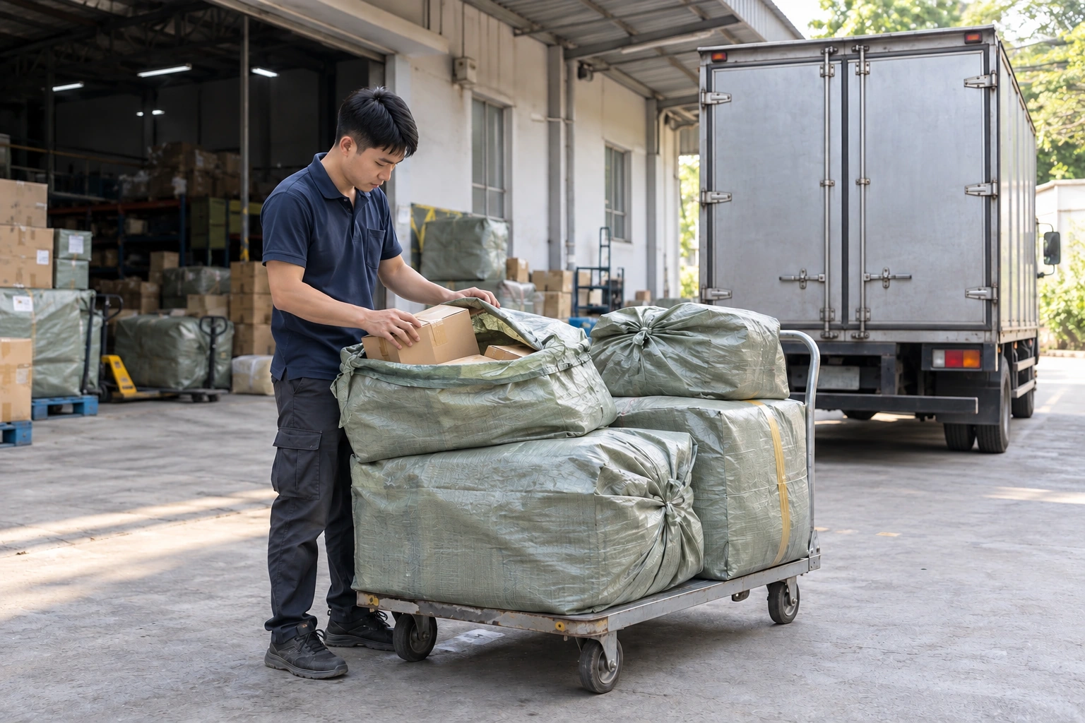 Bao hàng được xếp lên xe đẩy chuẩn bị đưa lên xe tải đi liên tỉnh