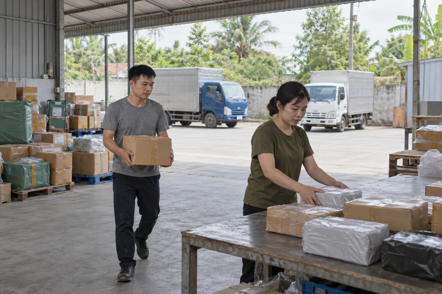 Nhân viên gom hàng tại kho, minh họa vận chuyển hàng Phú Thọ Vũng Áng