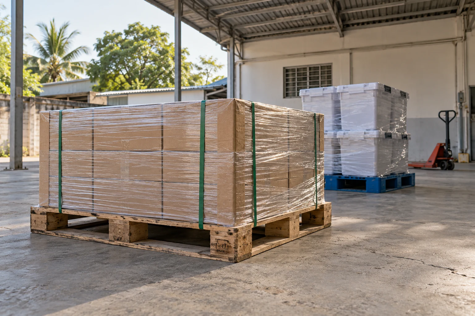 Hàng đóng pallet xếp gọn trong kho trước khi gửi để giảm chi phí vận chuyển hàng đi Hà Tĩnh
