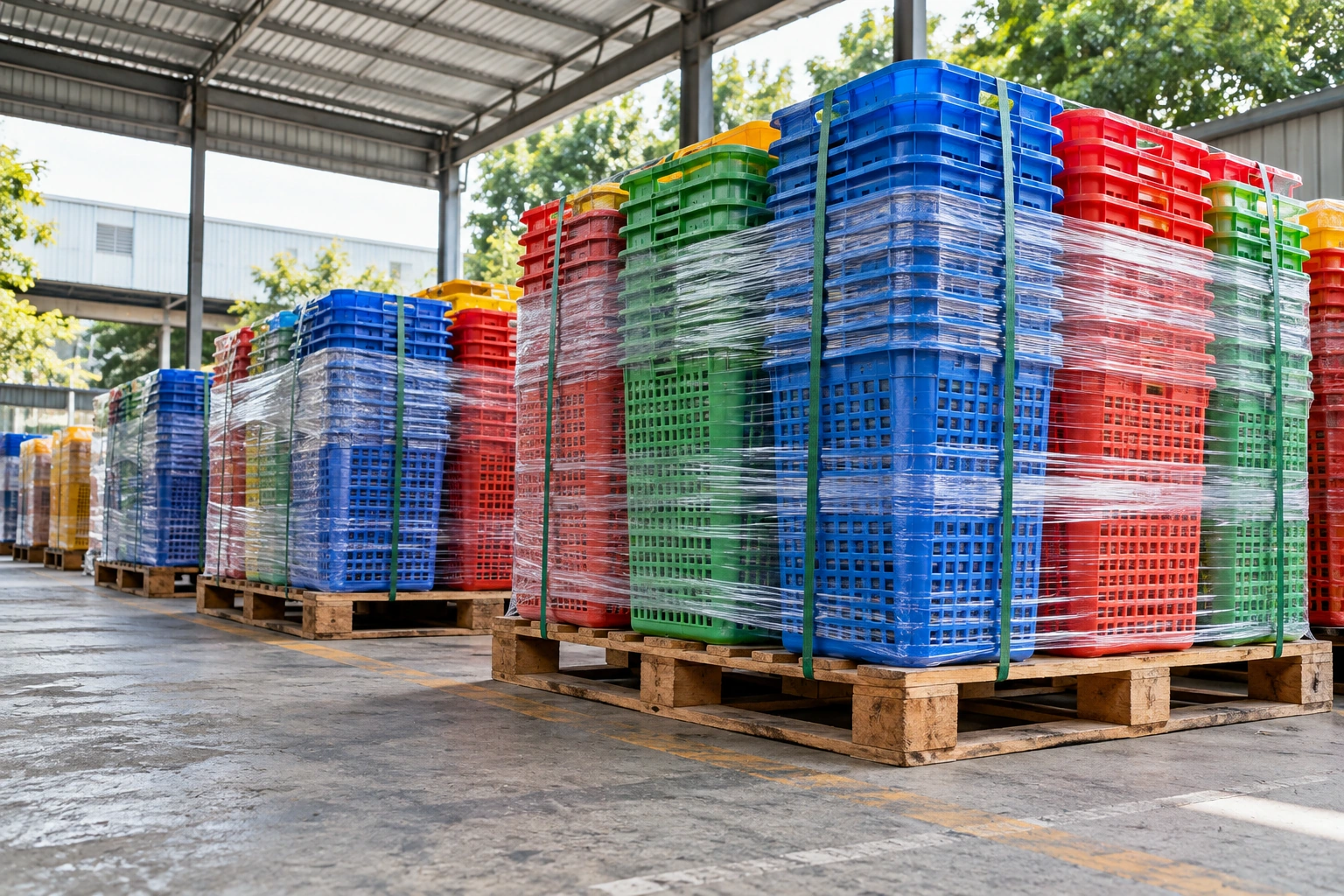 Pallet quấn màng xếp sẵn chờ xe vào nhận khi vận chuyển hàng thành phẩm KCN VSIP Hà Tĩnh đi Bắc Ninh