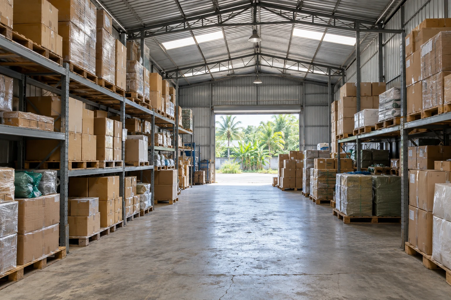 Kho hàng tổng hợp có kệ và pallet, minh họa giao hàng VinFast Vũng Áng từ Hà Nội