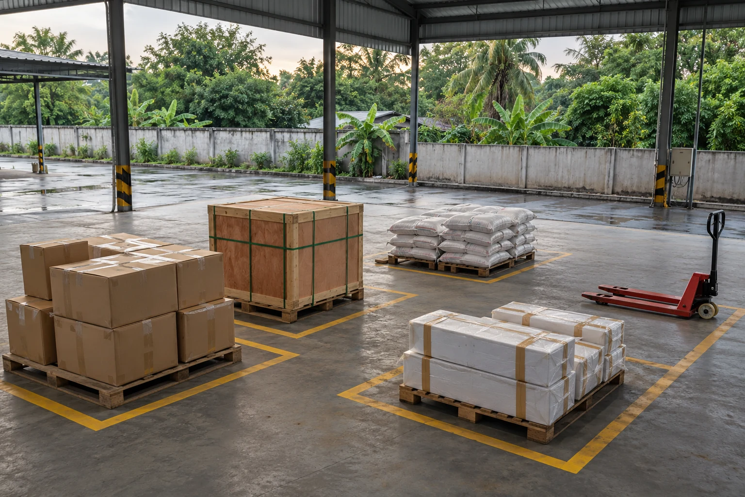 Khu vực tập kết hàng trên pallet trước khi xếp lên xe tải