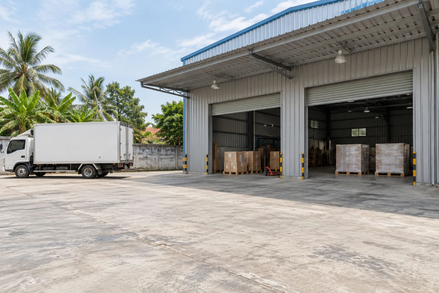 Pallet hàng hóa đặt trước nhà kho có cửa nâng hàng