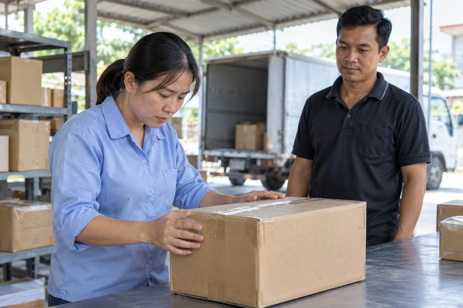 Nhân viên kiểm tra thùng hàng trước khi bàn giao