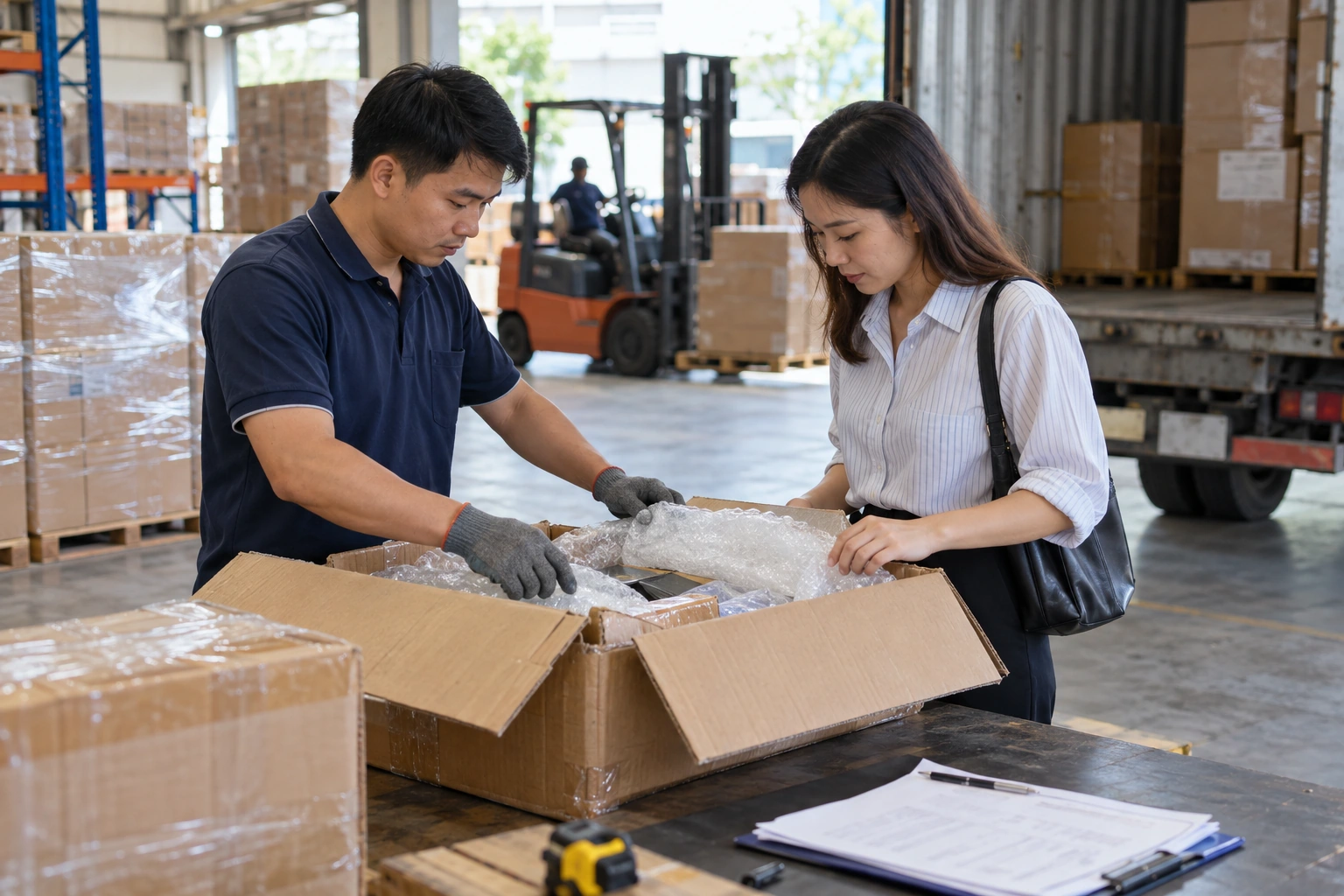 Nhân viên kho và khách kiểm tra kiện hàng cùng hồ sơ tiếp nhận