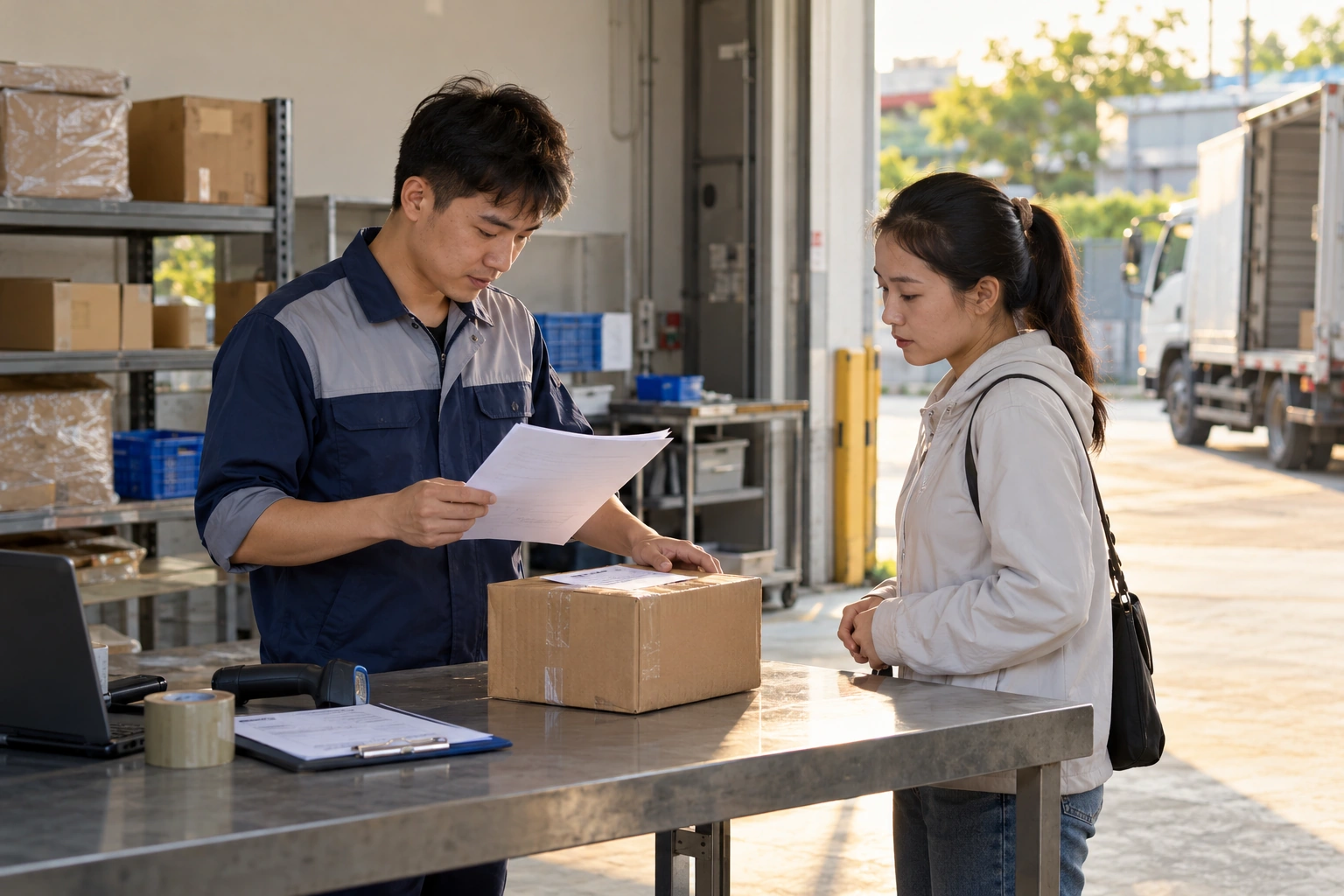 Nhân viên kiểm tra hồ sơ tiếp nhận hàng với người gửi tại quầy