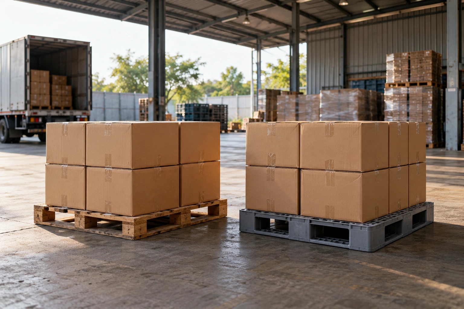 Hai pallet thùng carton, một pallet gỗ và một pallet nhựa, đặt cạnh nhau trong kho