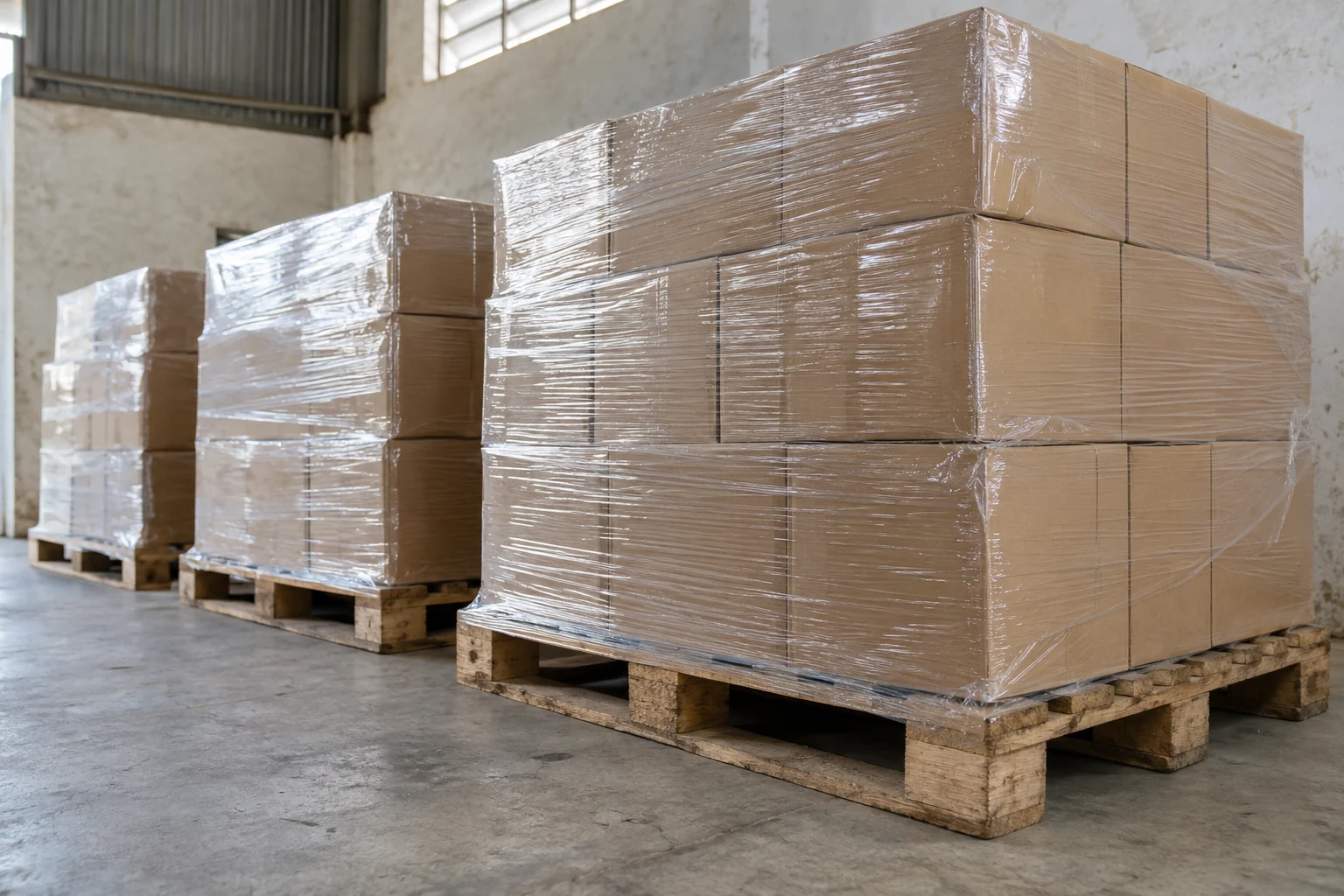 Pallet hàng hóa xếp trong kho chờ lên xe
