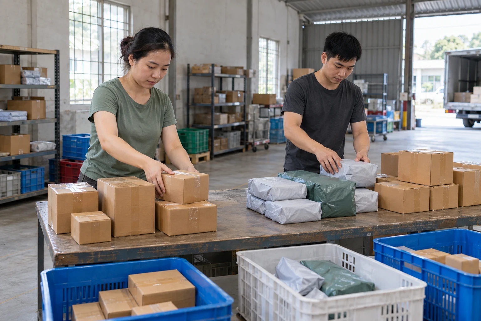 Nhân viên phân loại hàng theo người nhận trong kho