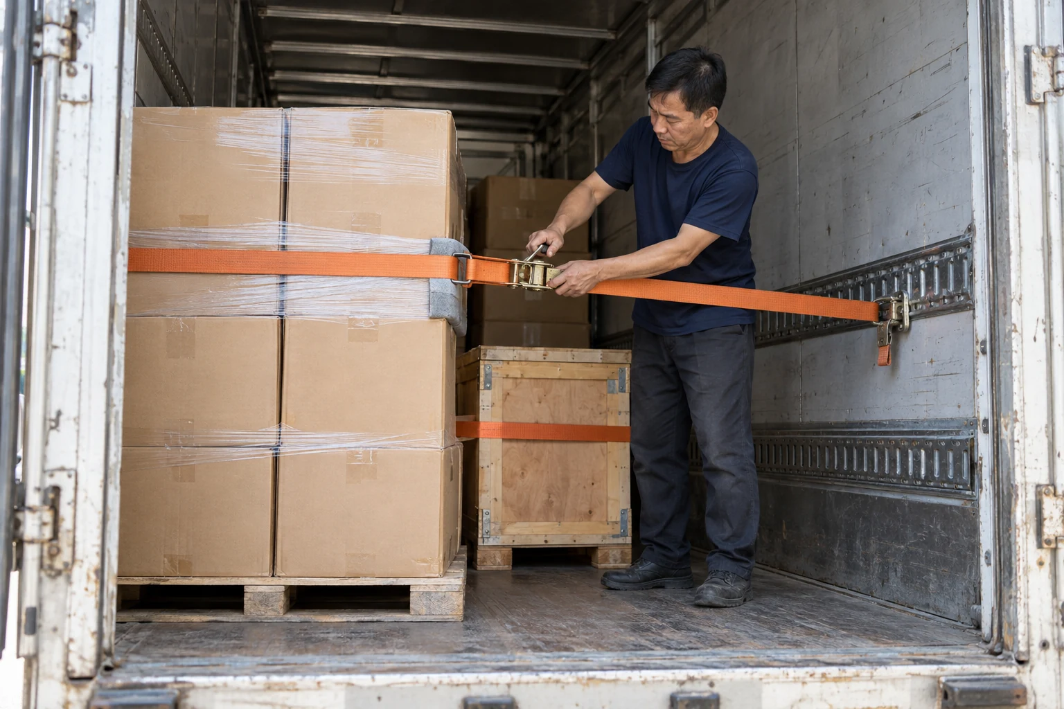 Tài xế chằng dây cố định hàng carton trong thùng xe